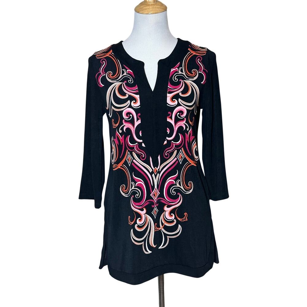 Chico's Travelers Black Tunic Top Split-Neck 3/4 Sleeve Pink Orange Scroll Sz 0